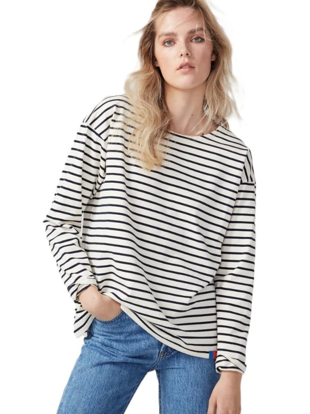 Kule Navy Cream Long Stripe Cotton Tee Shirt NWT